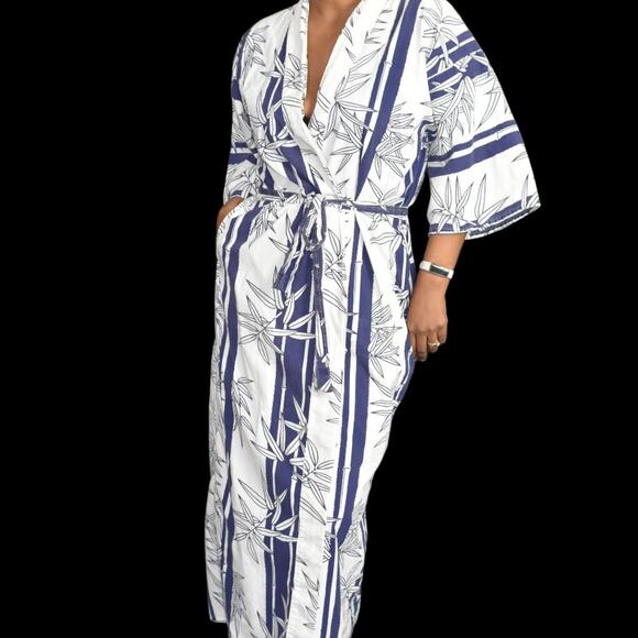 Japanese Kimono Robe Blue Vintage Bamboo Stripe Print Epitome Wrap Cotton Yukata - Picture 1 of 16